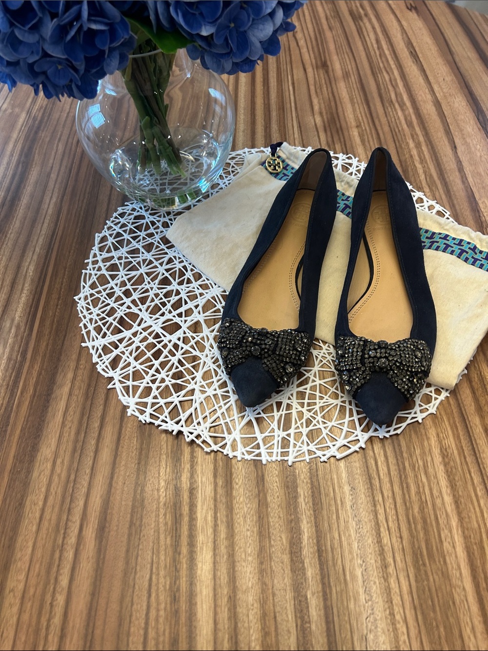 Tory Burch Navy Pointed Toe Flats with Beaded Bow